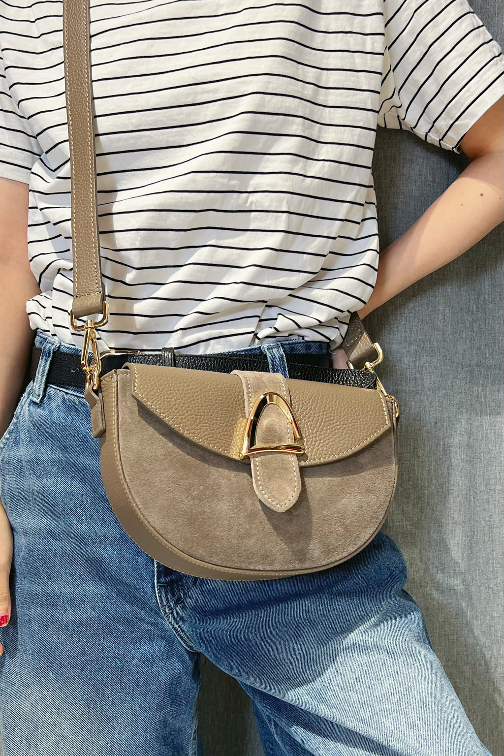 ZZ117 Taupe Leather Suede Crossbody Bag