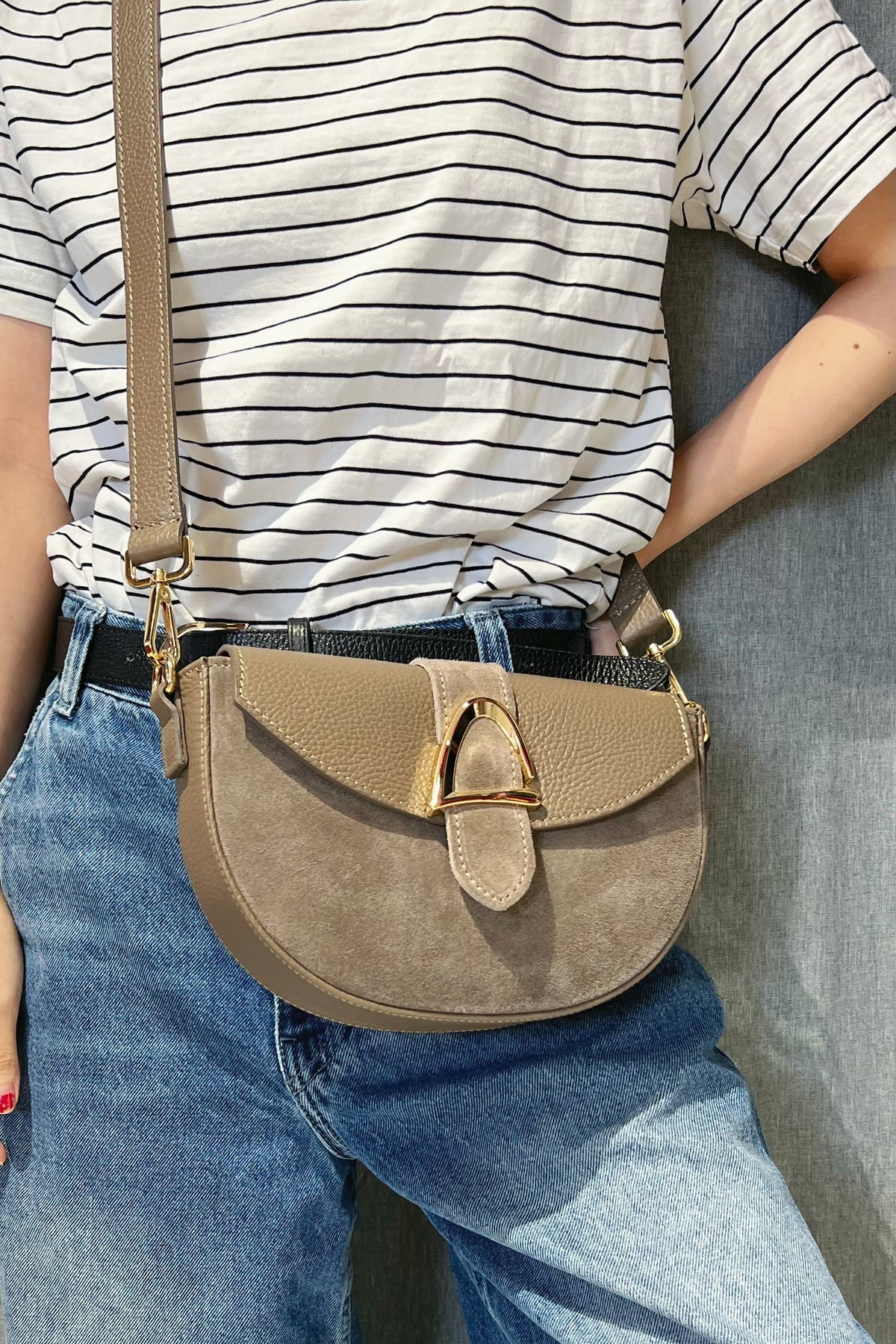 ZZ117 Taupe Leather Suede Crossbody Bag