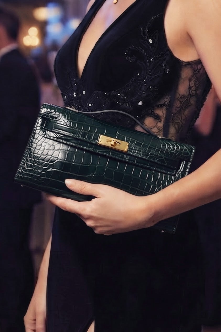 ZZ031 Dark Green Croco Leather Clutch Bag