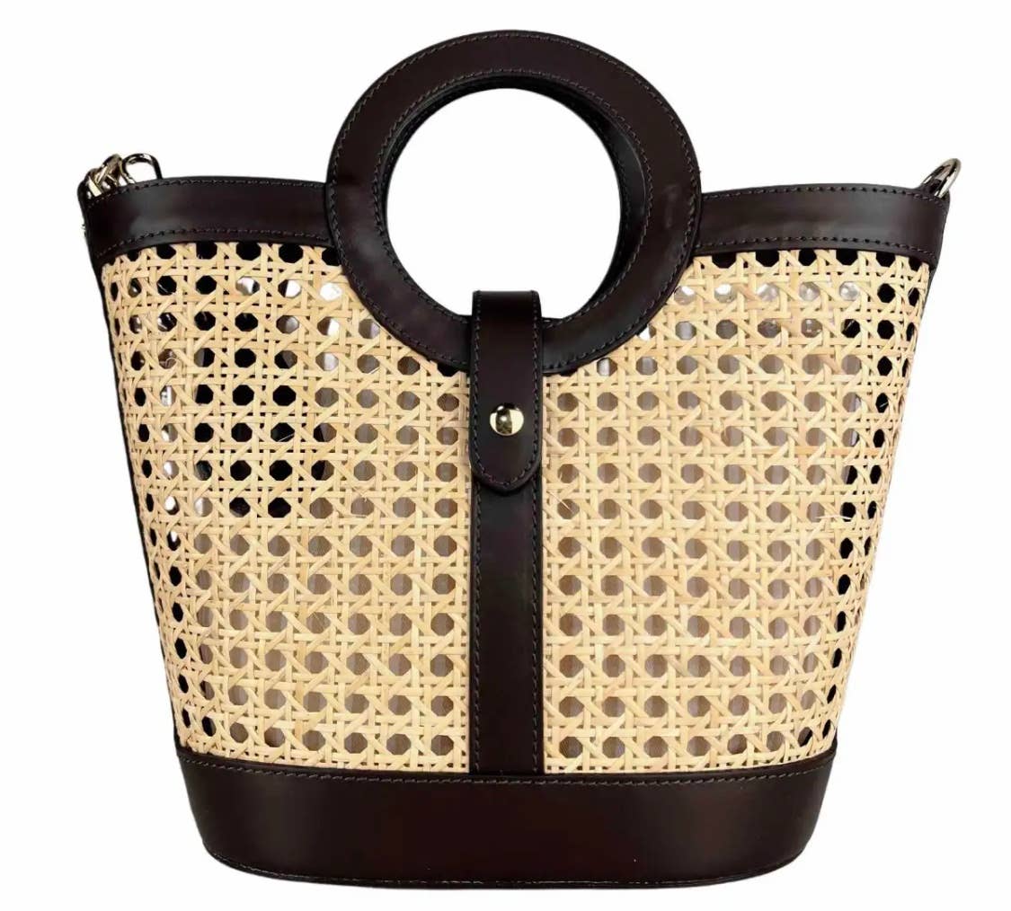 MIWM Dark Brown Woven Leather Tote Bag with Round Handle