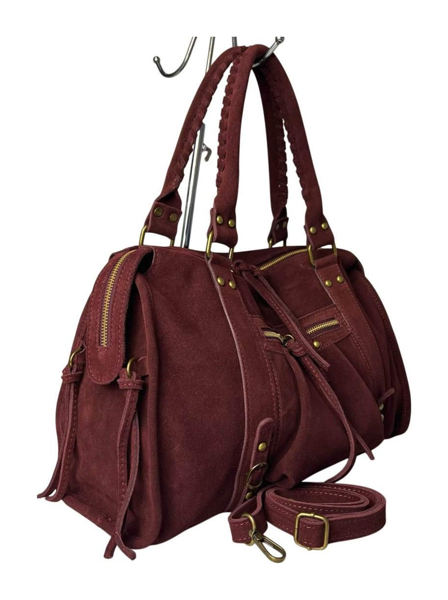MI551 Burgundy Suede Studded Satchel