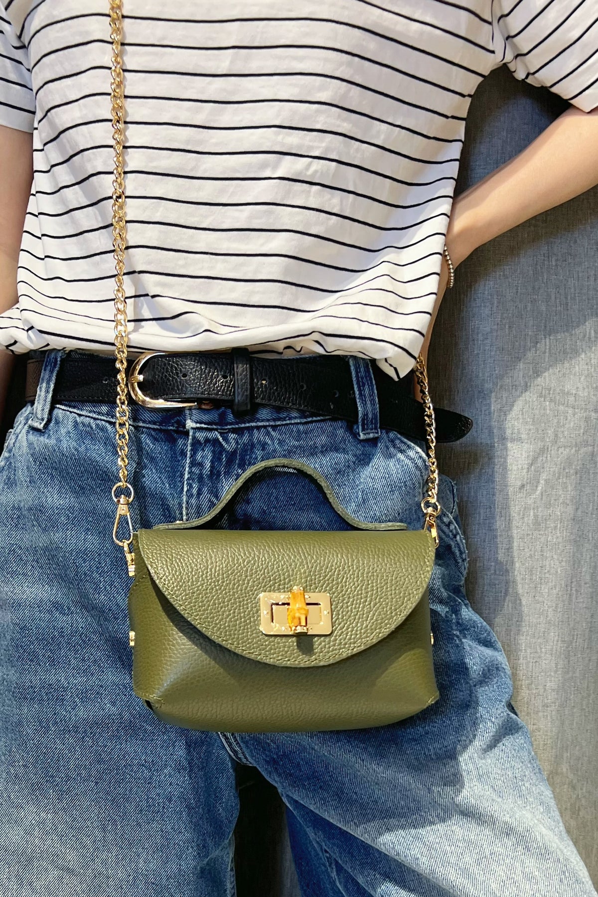 ZZ127 Khaki Grained Leather Chain Crossbody Bag