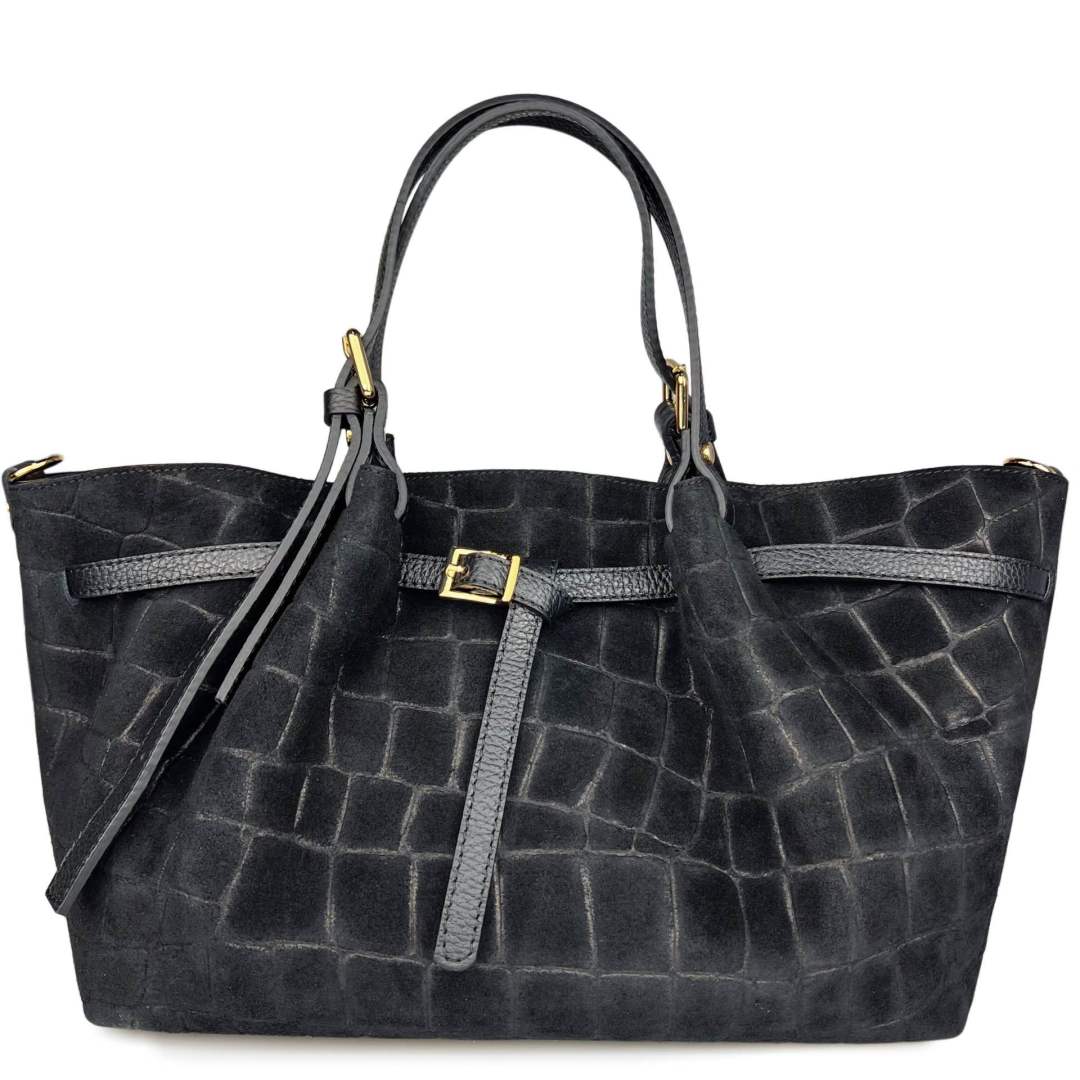 Mi083 Black Croco-Print Suede Tote