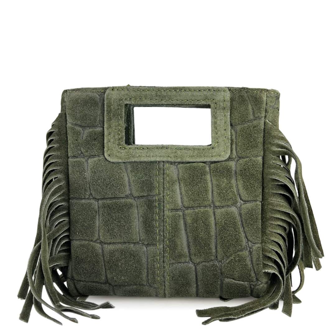 Mi265 Olive Suede Croco-Print Fringe Mini