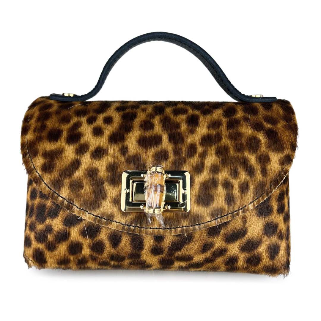 Mi251 Animal Print Brown Pony Hair Bamboo-Clasp Bag