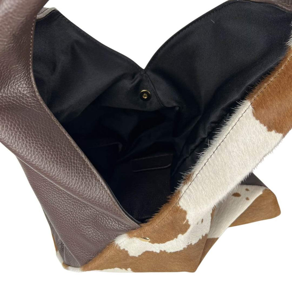 MI550 Brown & White Cow Print Pony Hair Triangle Bag