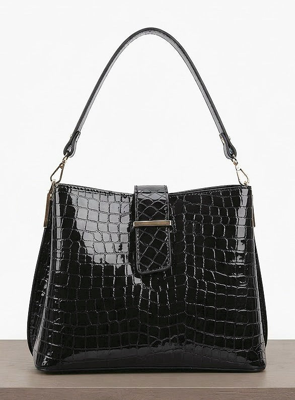 ZZ181 Glossy Black Croco Top Handle Bag