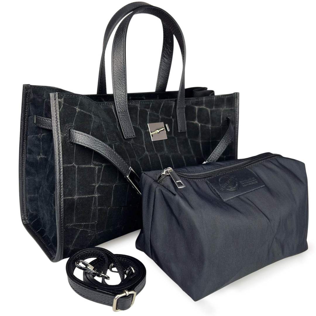 Mi131 Black Croco-Print Suede Tote
