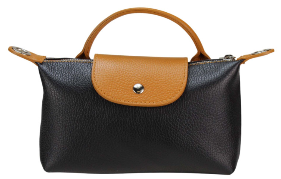 LOLOBLA Italian Leather Black Small Handbag w/ Snap Closure