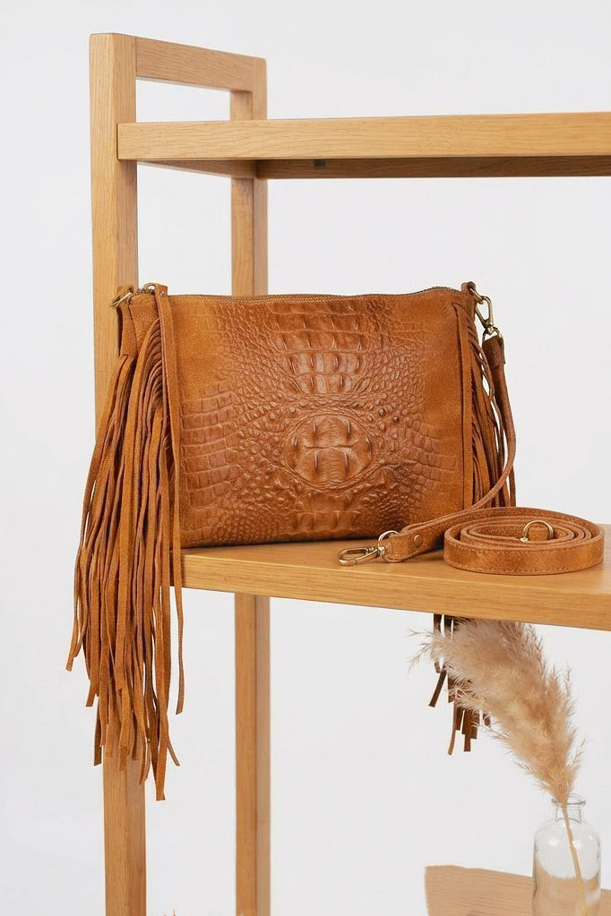 ZZ098 Camel Croco Suede Fringe Crossbody Bag