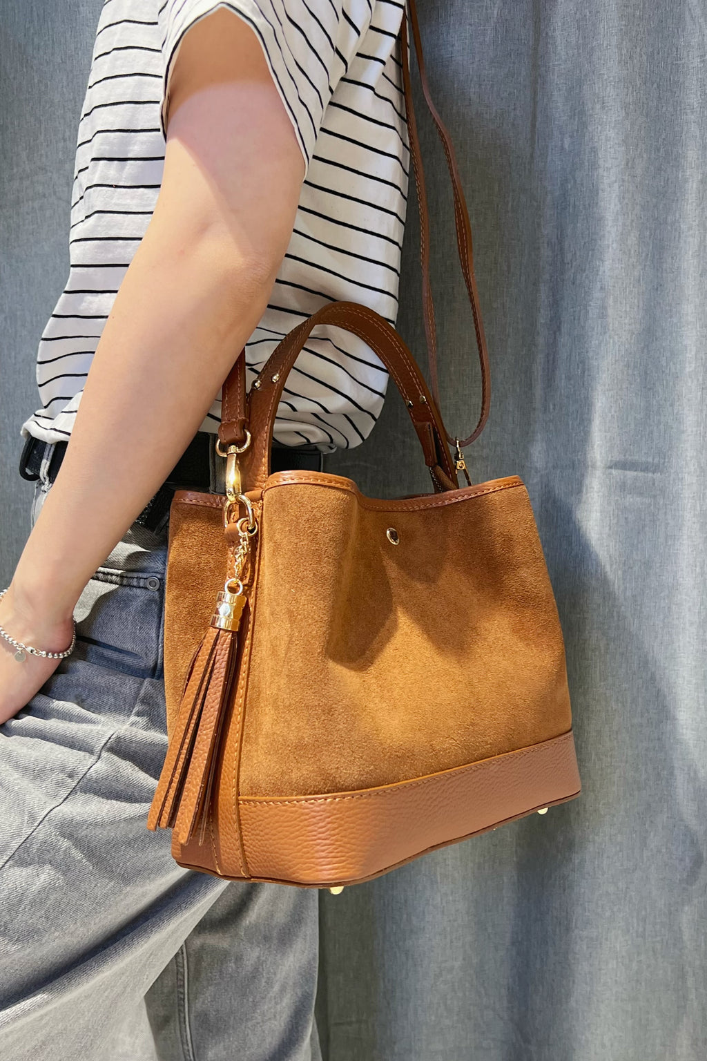 ZZ182 Camel Leather Suede Bucket Bag