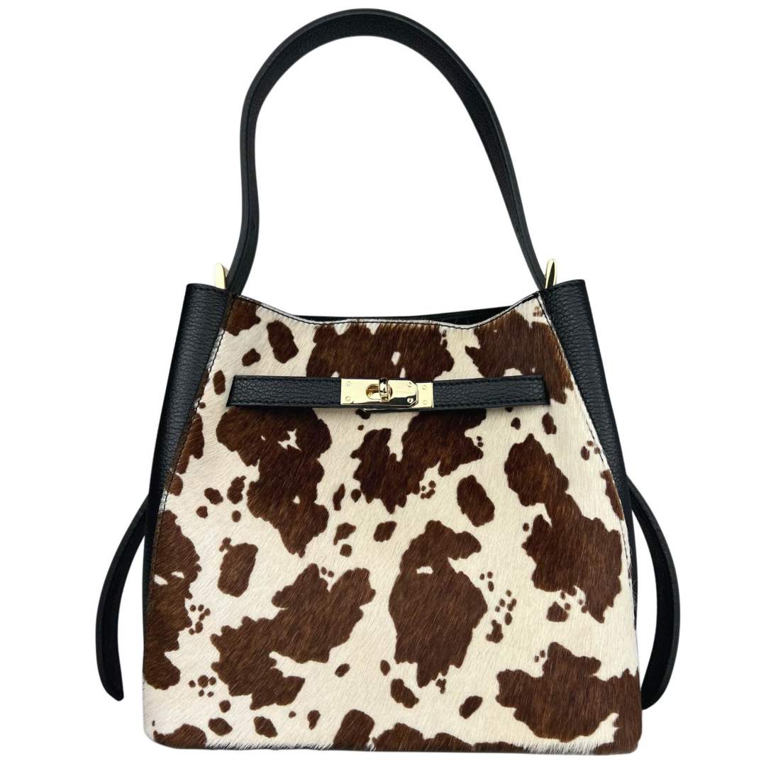 MI527 Brown & White Cow Print Pony Hair Bucket Bag