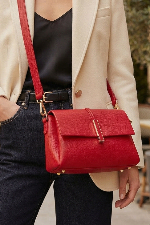 ZZ148 Dark Red Leather 3-Compartment Crossbody Bag