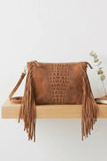 ZZ092 Taupe Croco Suede Fringe Crossbody Bag