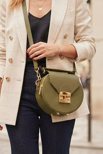 ZZ109 Khaki Round Leather Crossbody Bag