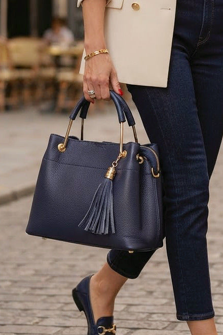 ZZ075 Navy Leather 3-Compartment Handbag
