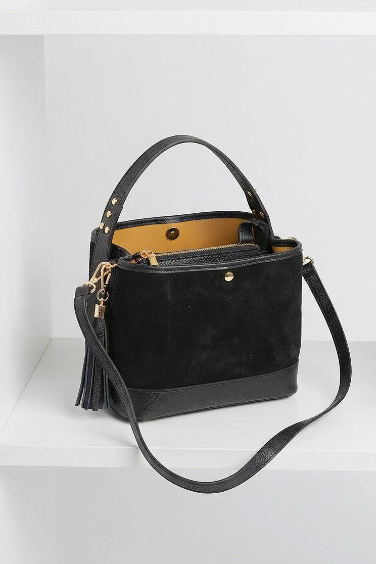 ZZ063 Black Leather Suede Bucket Bag