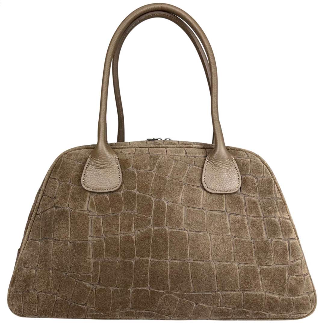 Mi172 Dark Taupe Croco-Print Suede Bowling Bag