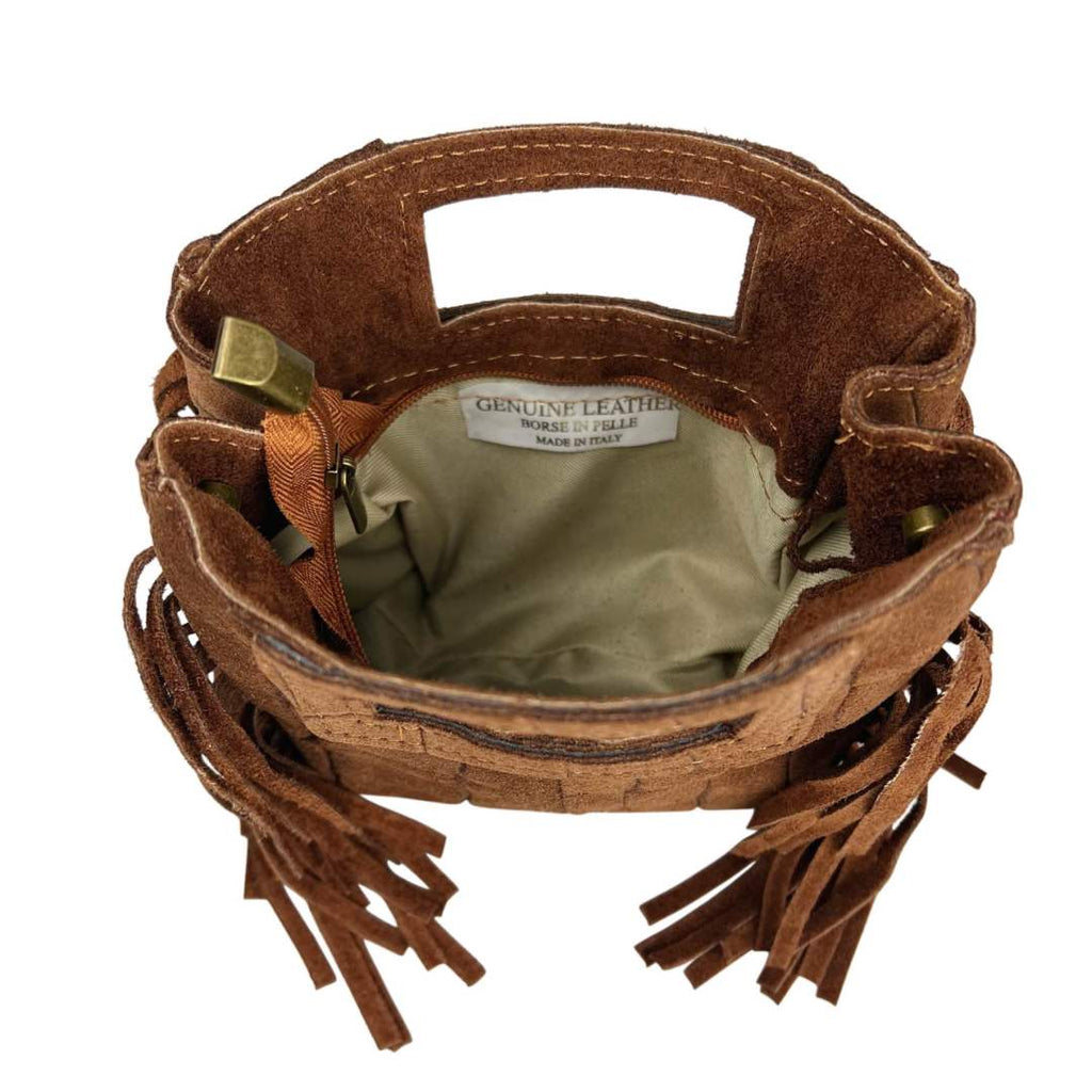 Mi261 Brown Suede Croco-Print Fringe Mini