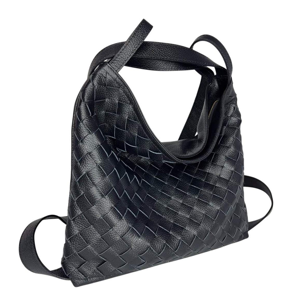 MI594 Black Woven Leather Convertible Backpack