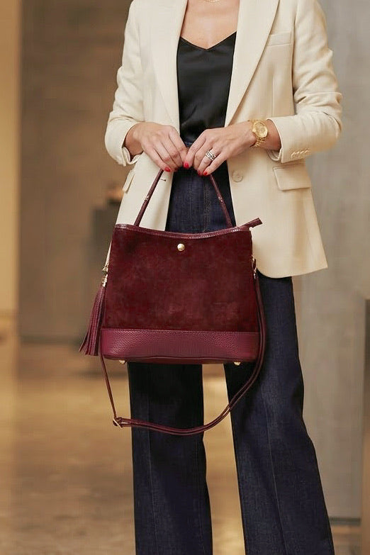 ZZ065 Burgundy Leather Suede Bucket Bag