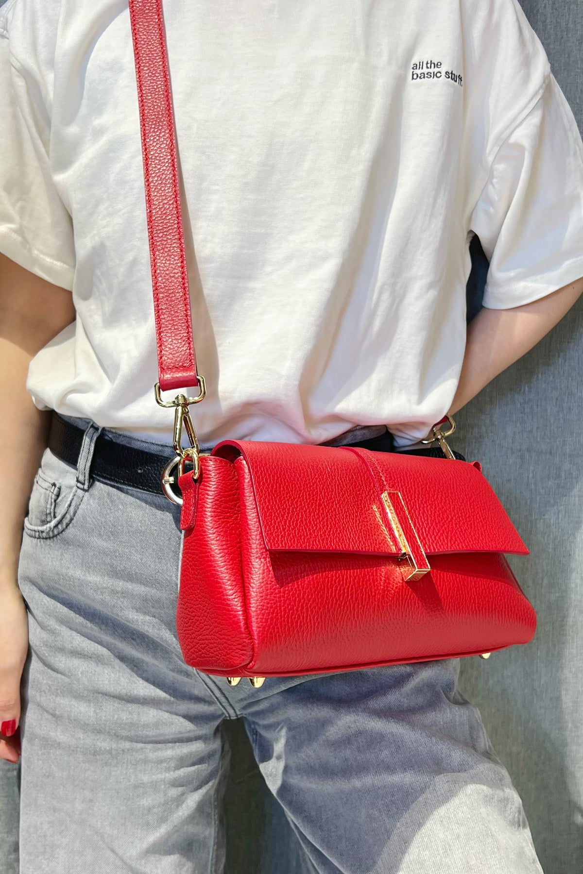 ZZ147 Bright Red Leather 3-Compartment Crossbody Bag