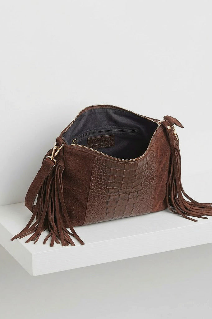 ZZ094 Brown Croco Suede Fringe Crossbody Bag