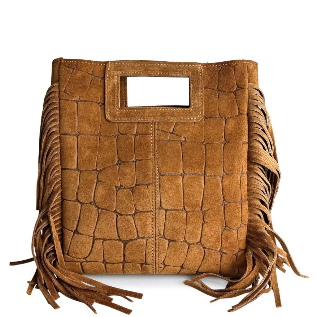 Mi254 Tan Croco-Print Fringe Bag