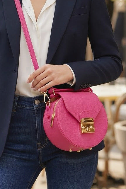 ZZ102 Fuchsia Round Leather Crossbody Bag