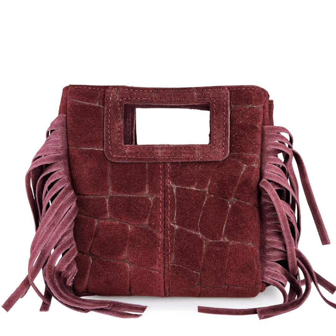 Mi263 Burgundy Suede Croco-Print Fringe Mini