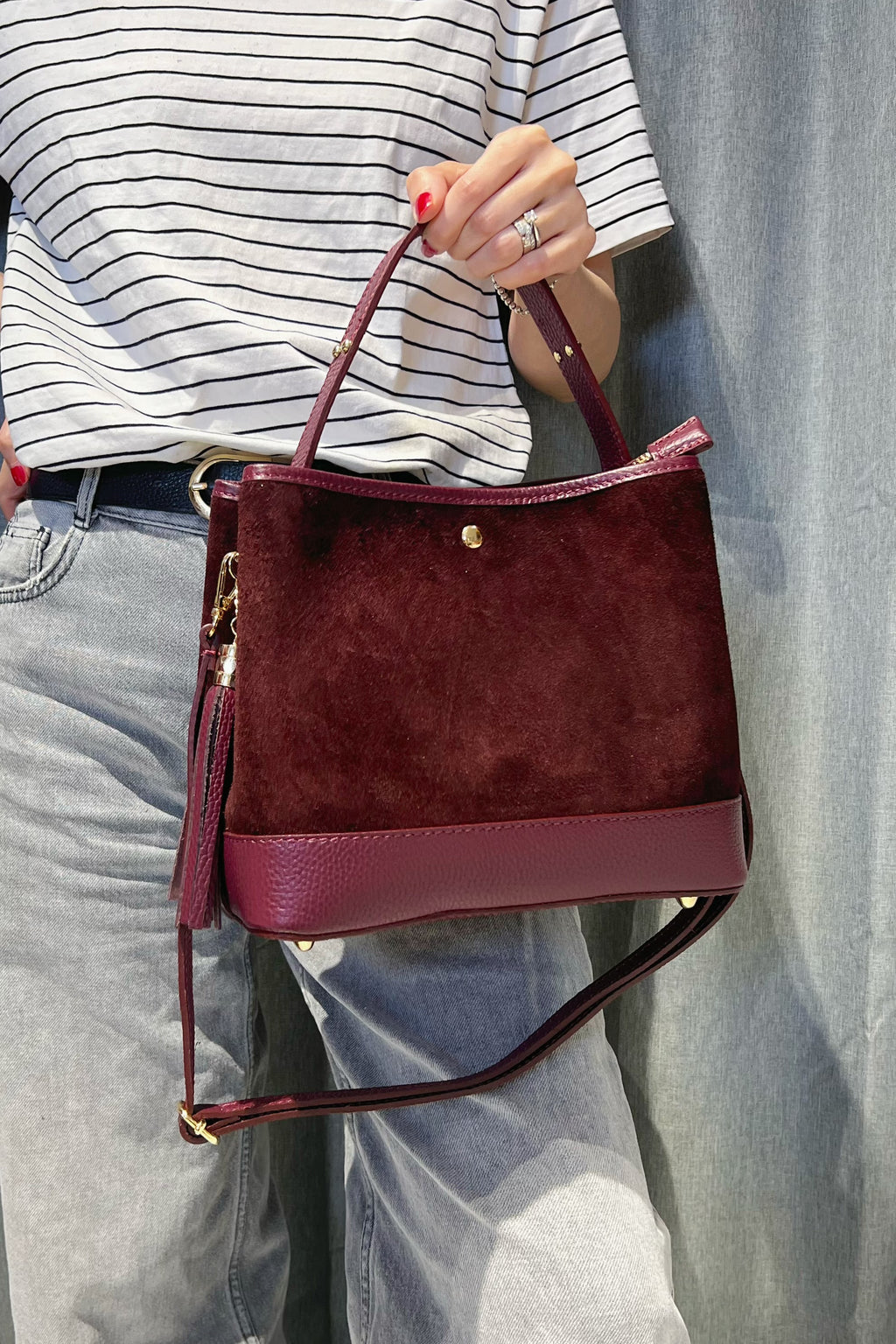ZZ065 Burgundy Leather Suede Bucket Bag