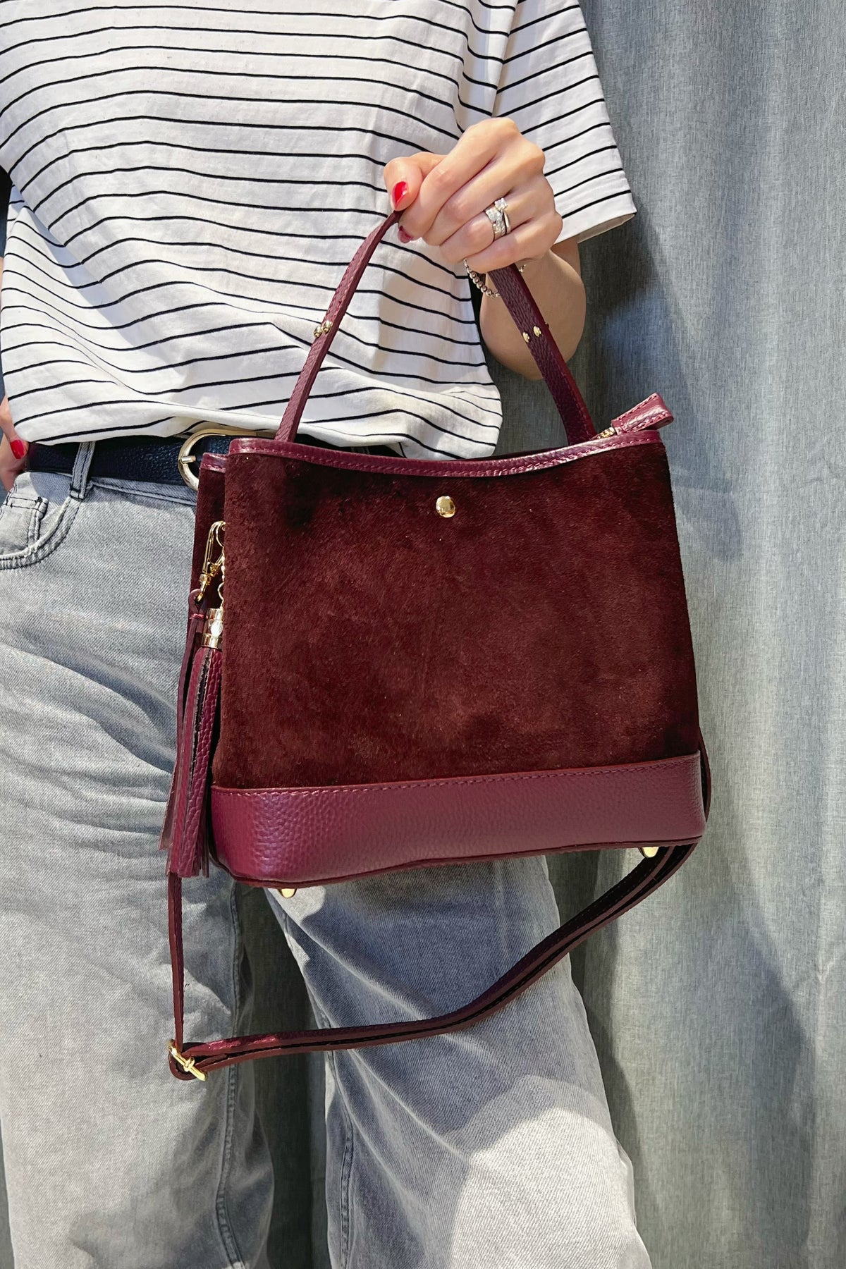 ZZ065 Burgundy Leather Suede Bucket Bag