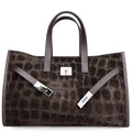 Mi132 Dark Brown Croco-Print Suede Tote