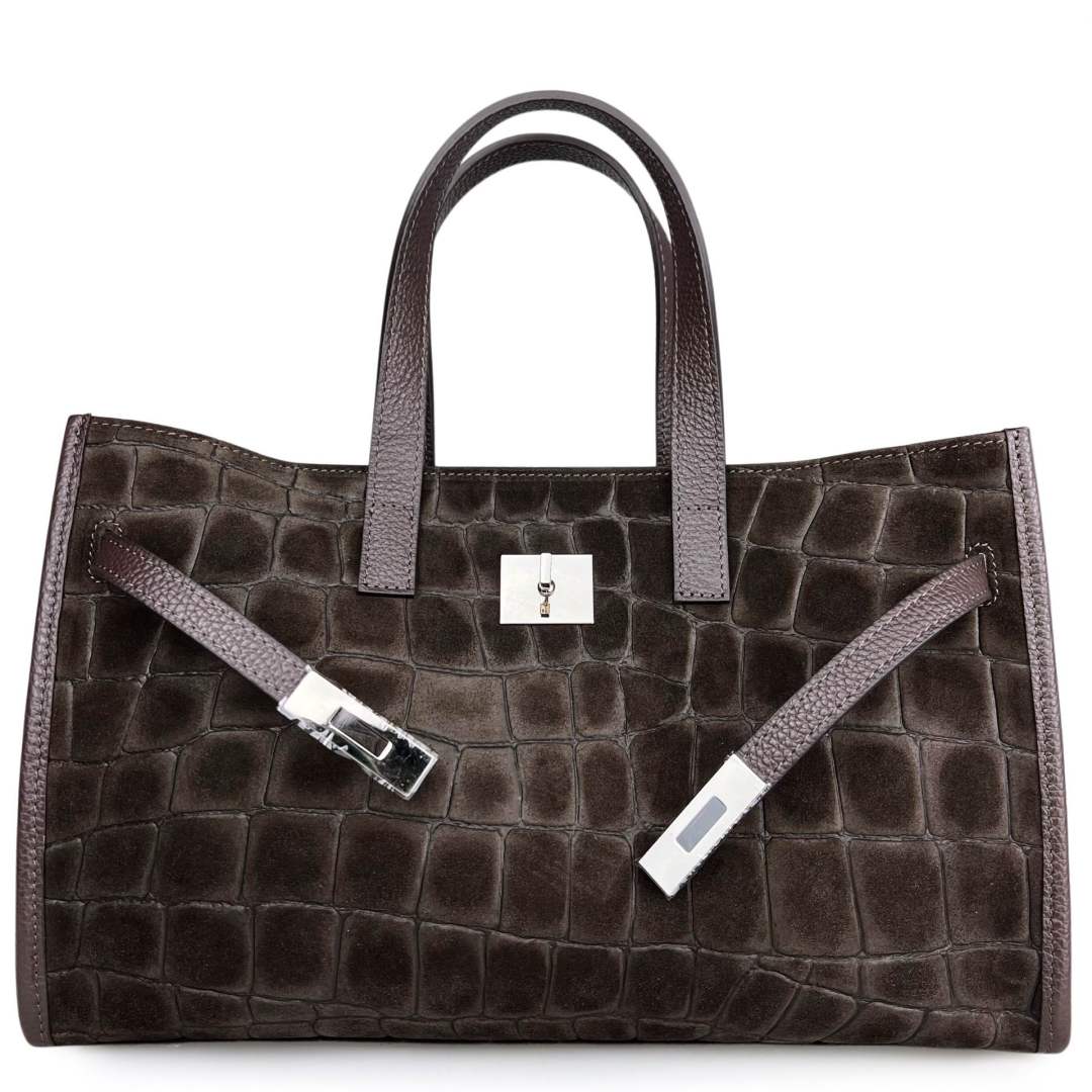 Mi132 Dark Brown Croco-Print Suede Tote