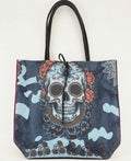 AV2 Blue Sugar Skull Print Leather Tote Bag