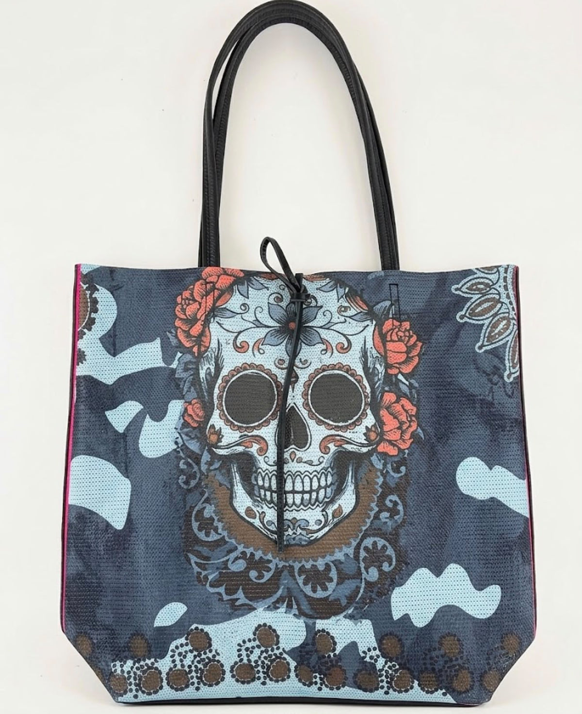 AV2 Blue Sugar Skull Print Leather Tote Bag