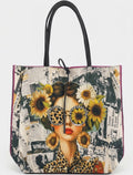 AV3 Sunflower Girl Print Leather Tote Bag