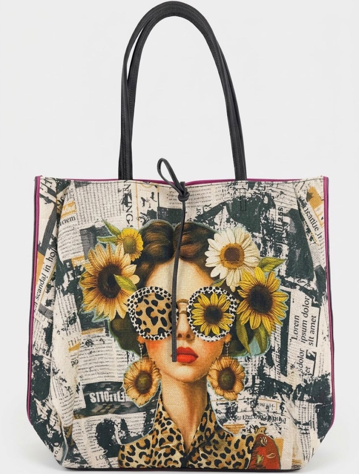 AV3 Sunflower Girl Print Leather Tote Bag
