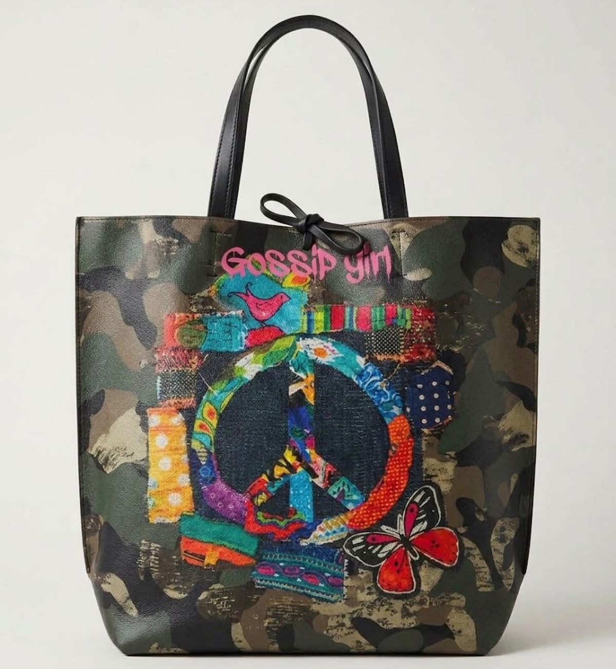 AV5 Peace Sign Camo Print Leather Tote Bag
