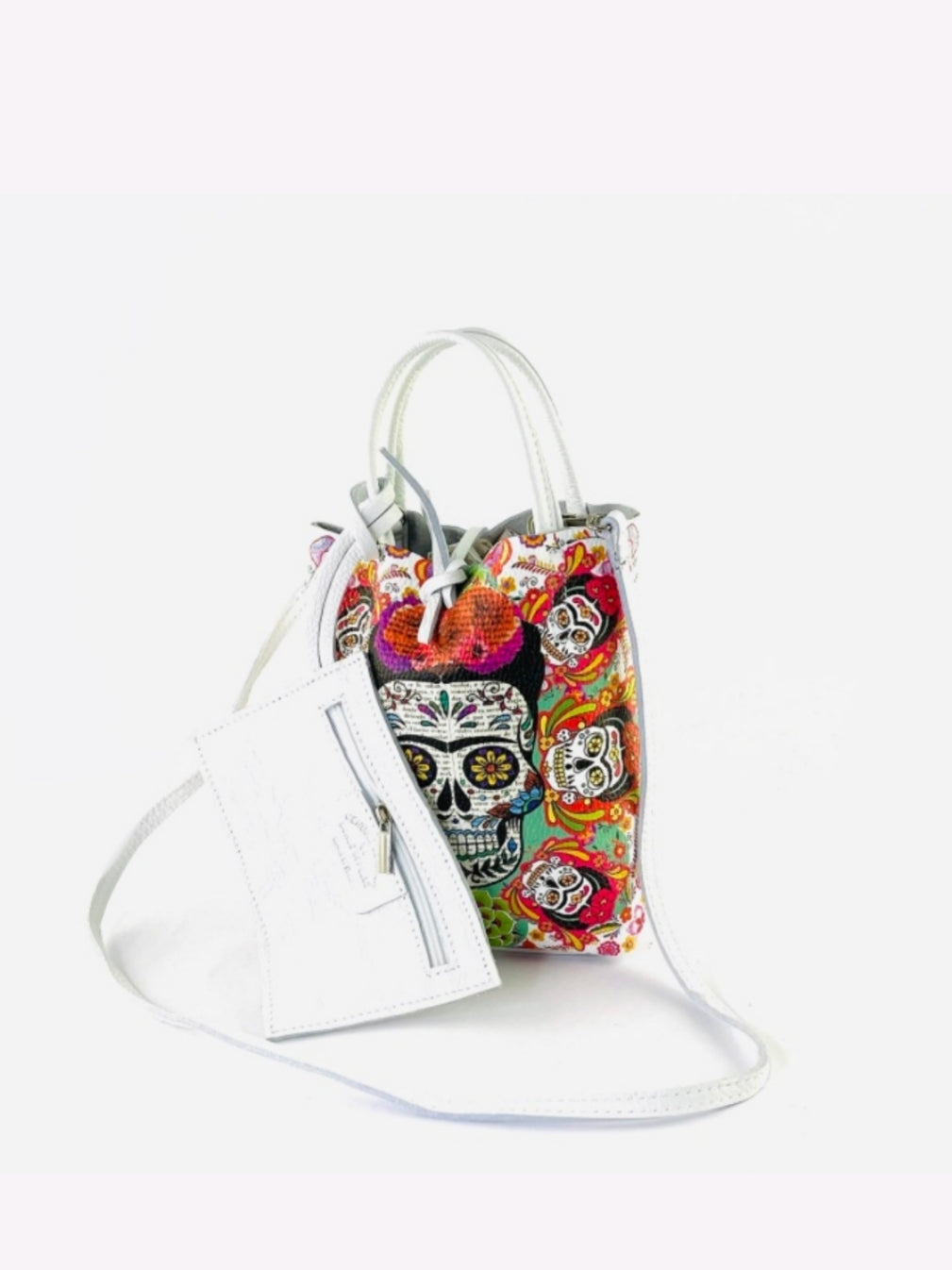 BM638 Mexican Skull Flower Print Leather Tote Bag