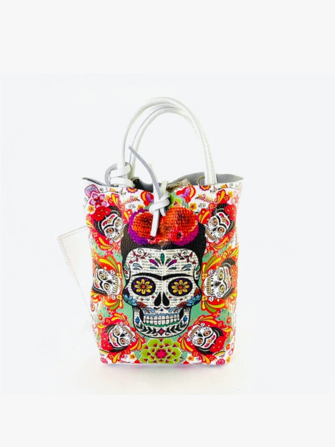 BM638 Mexican Skull Flower Print Leather Tote Bag