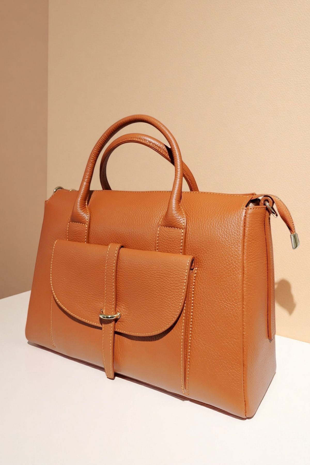 BM074 Dark Camel Leather Satchel Bag