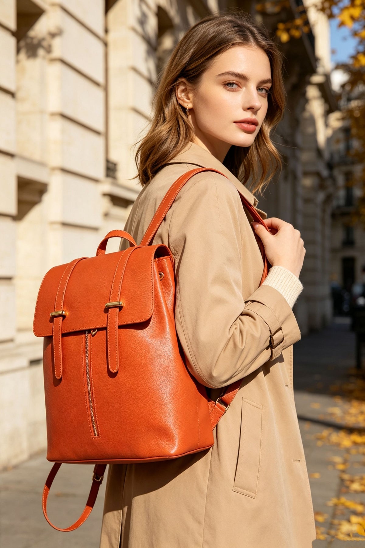 BM049 Dark Orange Leather Backpack Bag