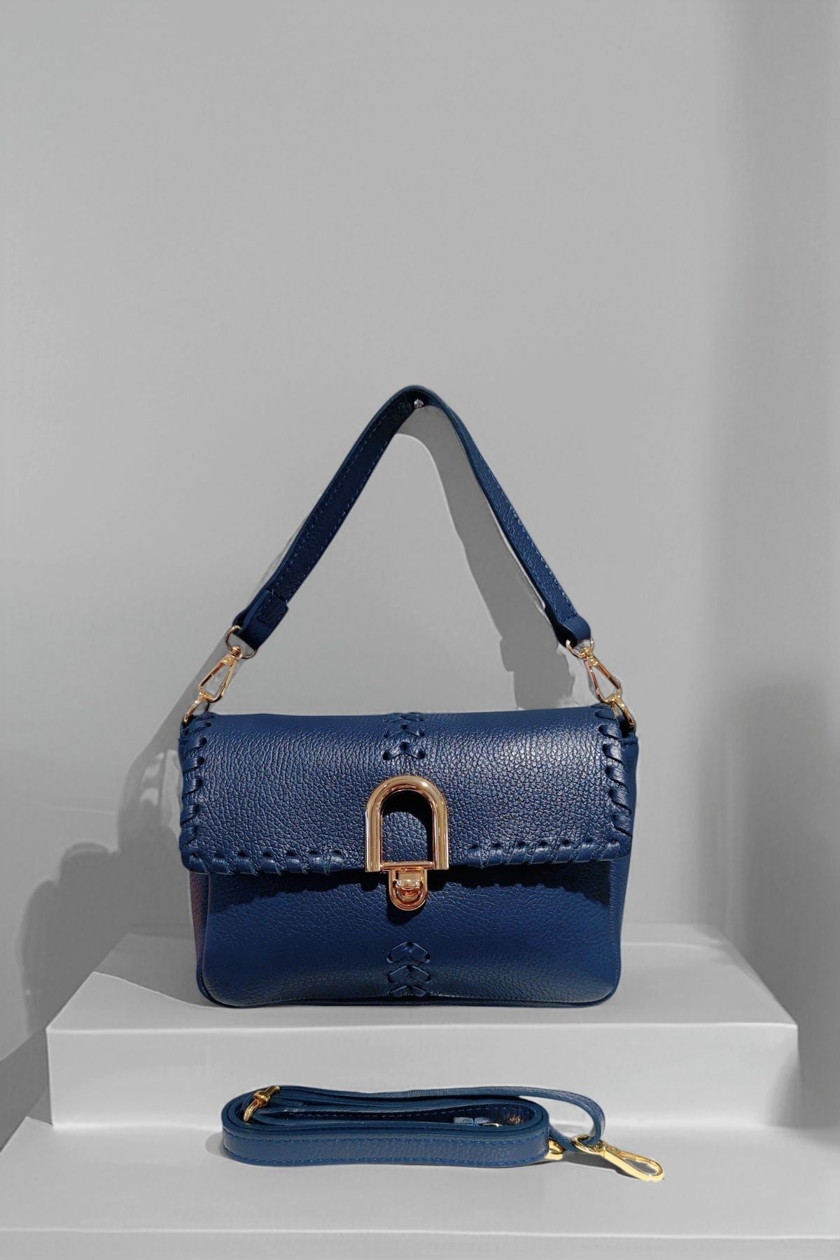BM106 Navy Leather Shoulder Bag