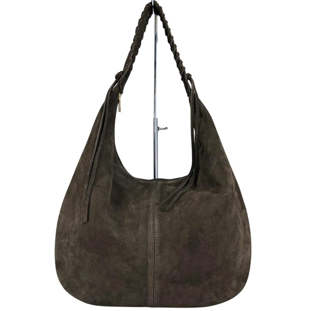 Mi075 Dark Brown Suede Woven-Handle Tote