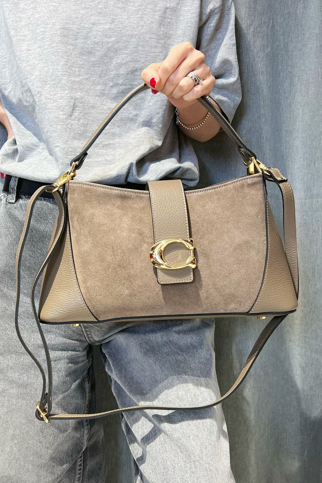 ZZ033 Taupe Leather Suede Shoulder Bag