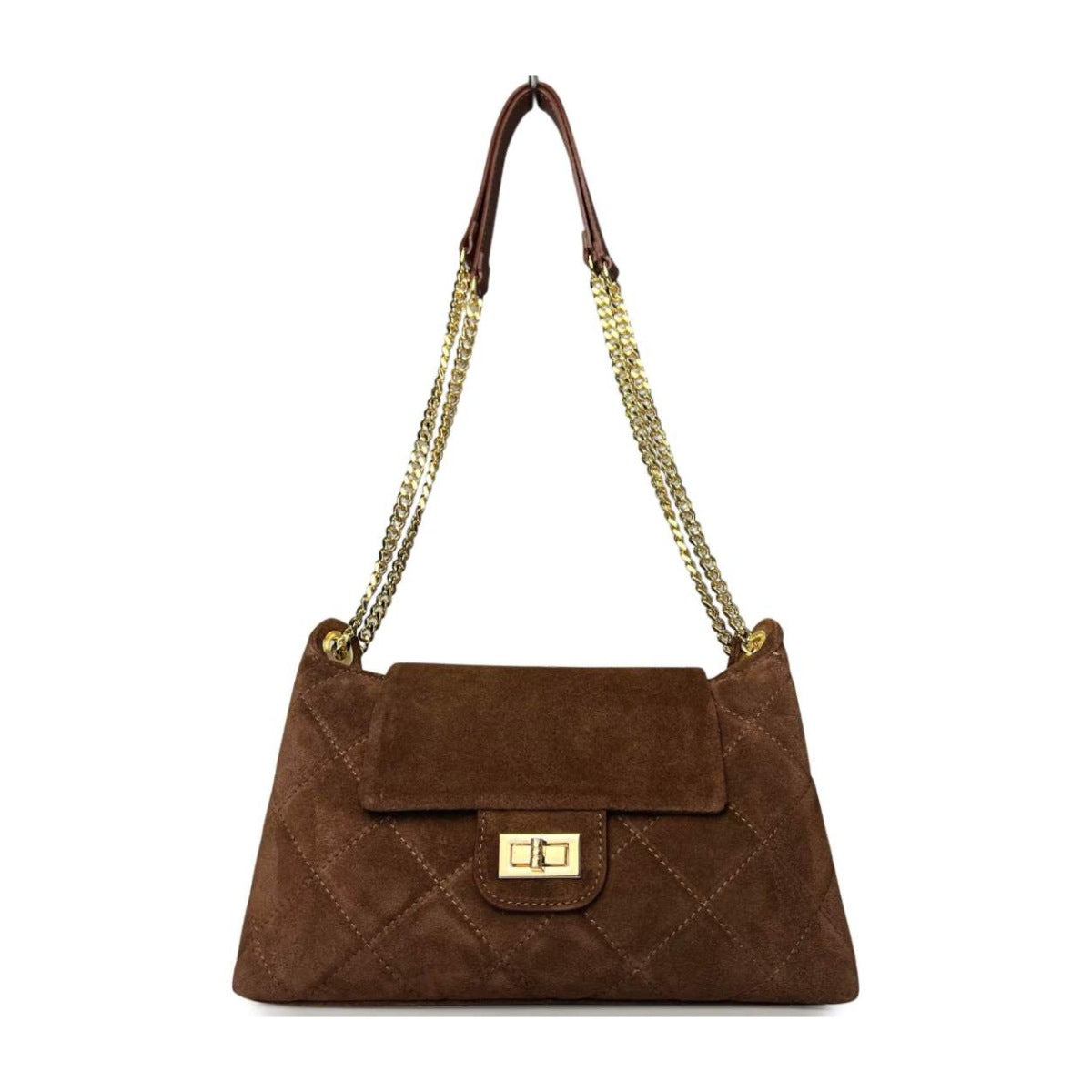 MI611 Mocha Quilted Suede Chain Shoulder Bag