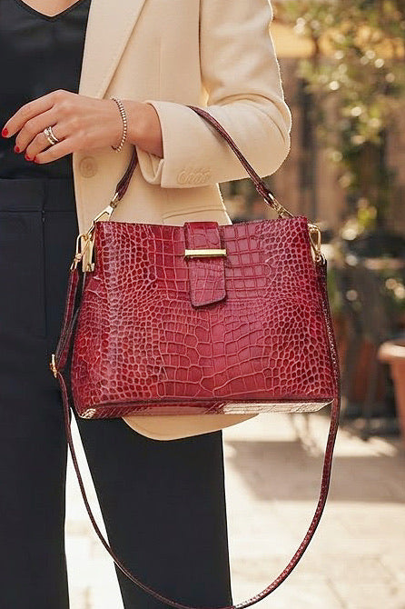 ZZ176 Burgundy Croco Top Handle Bag