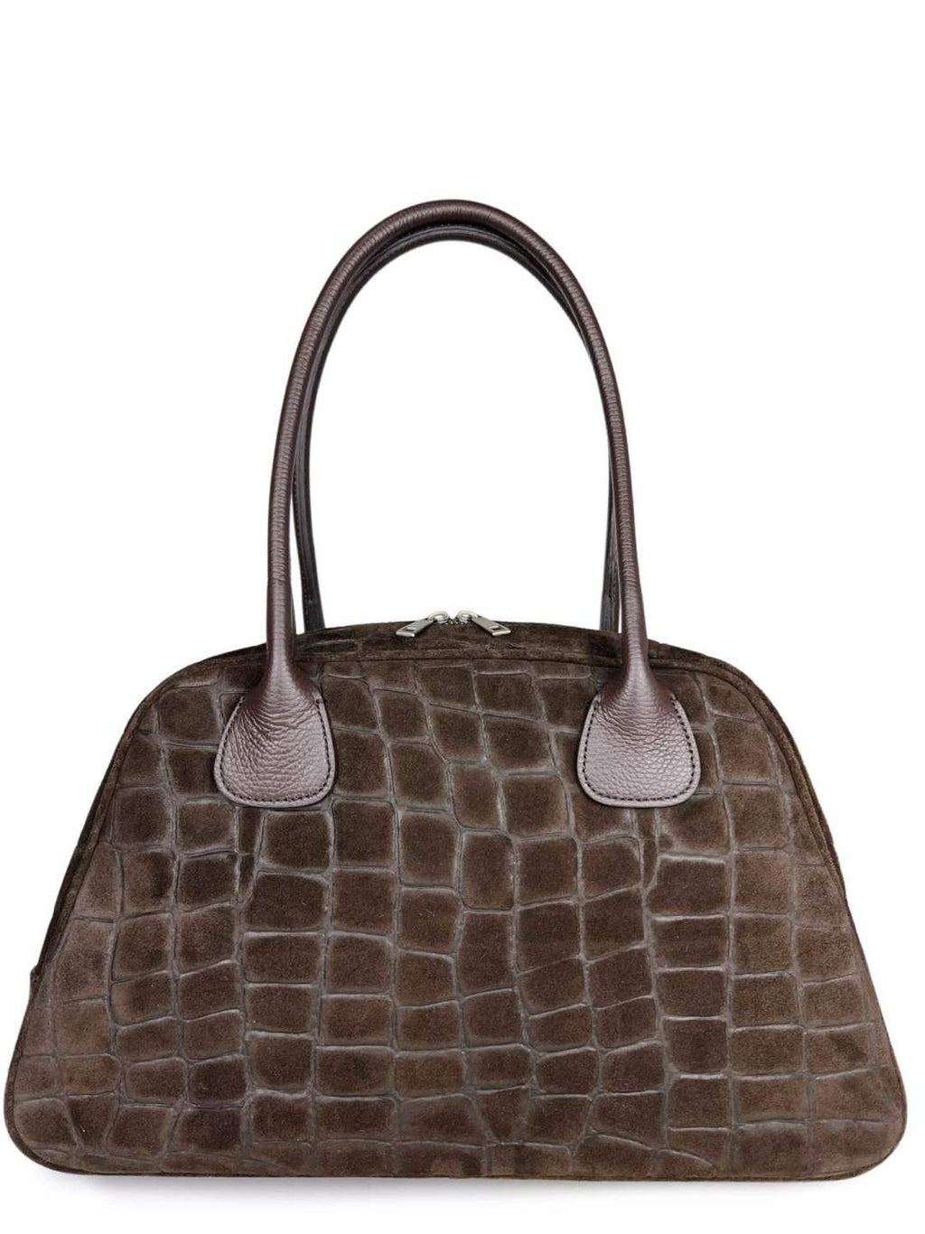 Mi168 Dark Brown Croco-Print Suede Bowling Bag