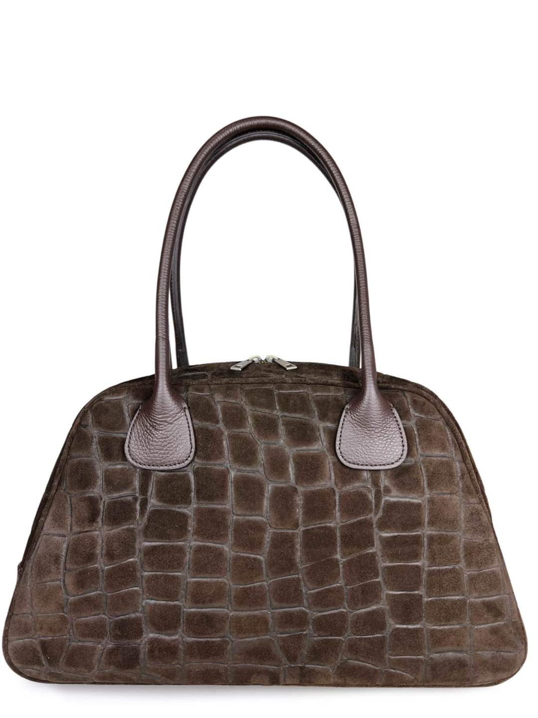 Mi168 Dark Brown Croco-Print Suede Bowling Bag